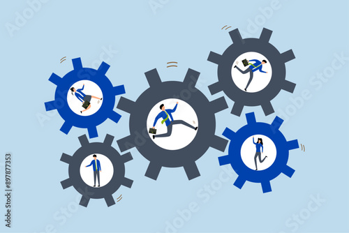 Teamwork collaborate to achieve business goal, businessman and woman running on gears synchronized to do their work.