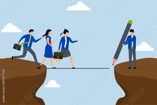 Support employee to progress, business manager pulls line down like  bridge to help team members over a cliff.