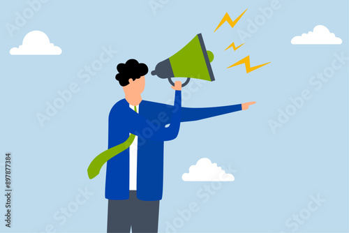 Manager authority, businessman rages shouting orders into a megaphone and pointing his finger.