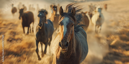 Wild Horse Herd Running in Dusty Sunset Field with Motion Blur Effect