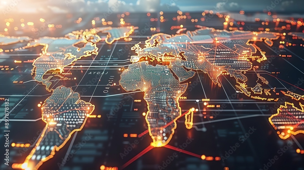 Fototapeta premium Global Network, Digital World Map with Glowing Cities.