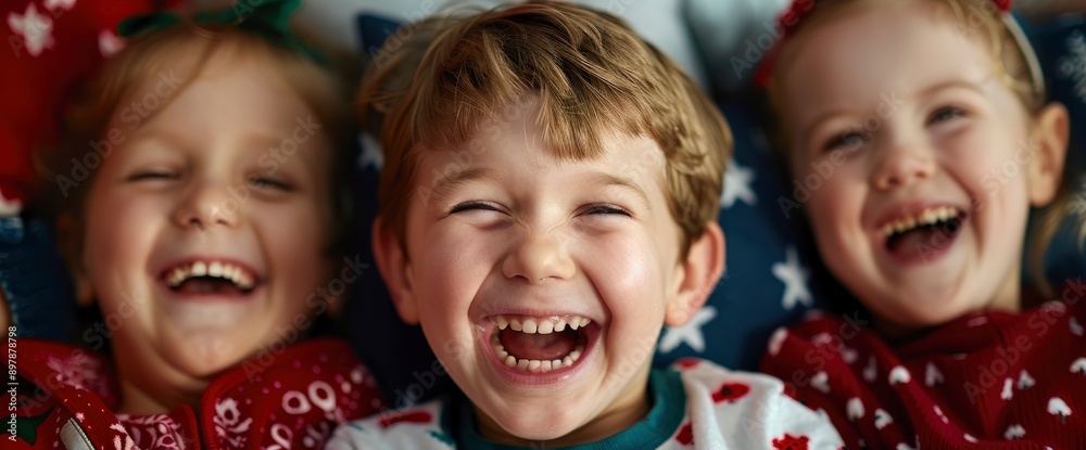 Happy Children On Christmas Eve, Filled With Joy And Anticipation Happy Children On Christmas Eve, Filled With Joy And Anticipation