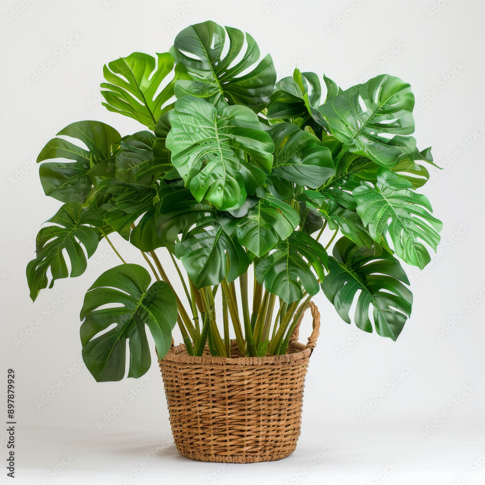 Naklejka premium Lush green Monstera plant in a wicker basket, perfect for indoor decoration and adding a touch of nature to interiors.