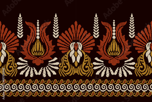 Ikat floral paisley embroidery on black background. Traditional ethnic ikat, aztec abstract vector pattern, seamless pattern in tribal, folk embroidery and mexican style.