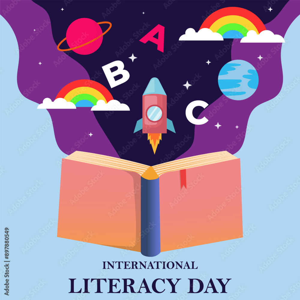 international literacy day with planets, rainbow, and a rocket international literacy day with planets, rainbow, and a rocket