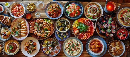 A Feast of Diverse Dishes Laid Out on a Wooden Table