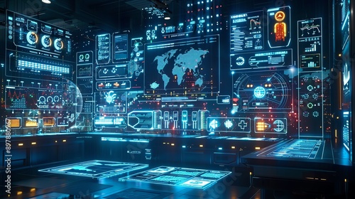 Futuristic Control Room with Interactive Displays.