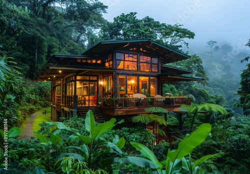An eco friendly lodge nestled in the lush rainforest of Costa Rica, surrounded by vibrant green foliage