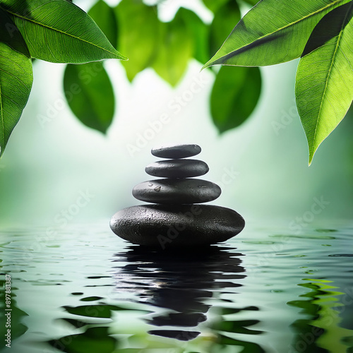 Zen stones pyramid on water surface, green leaves over it 
