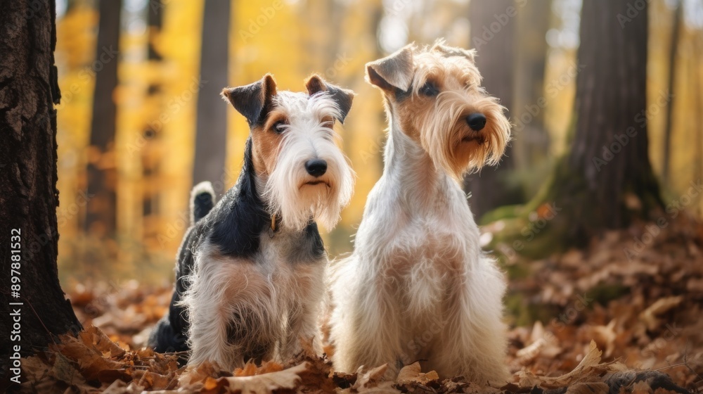 Two Wirehaired Fox Terriers in Autumn Woods Two Wirehaired Fox Terriers in Autumn Woods