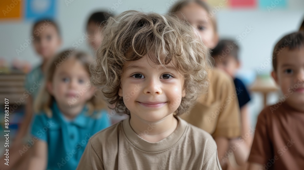 A smiling child in a classroom setting, surrounded by classmates, showcasing joy and curiosity in a vibrant learning environment. A smiling child in a classroom setting, surrounded by classmates, showcasing joy and curiosity in a vibrant learning environment.