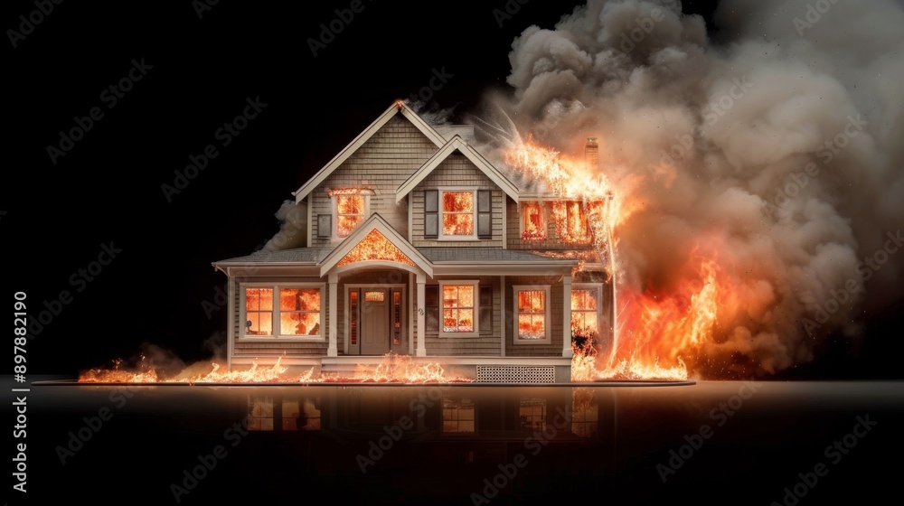 Intense Suburban House Fire Engulfed in Flames on Black Background Intense Suburban House Fire Engulfed in Flames on Black Background