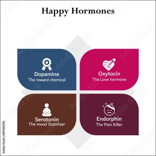 Four Happy hormones - Dopamine, Oxytocin, Serotonin, Endorphin. Infographic template with icons and description placeholder