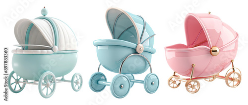 Vintage And Modern Baby Carriages In Different Colors Isolated On Transparent Background photo