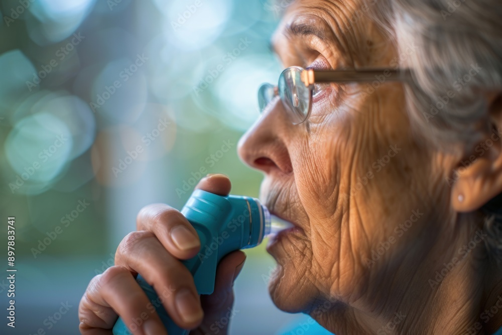 Close-up of a patient using an inhaler for autoimmune-related respiratory issues, indoor environment, Portrait close-up, hyper-realistic, high detail, photorealistic, natural lighting Close-up of a patient using an inhaler for autoimmune-related respiratory issues, indoor environment, Portrait close-up, hyper-realistic, high detail, photorealistic, natural lighting