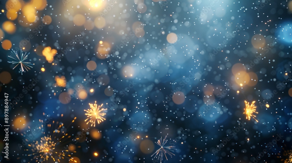 Fototapeta premium Abstract background new year, cheering crowd and blue and gold fireworks and celebrating holiday, copy space