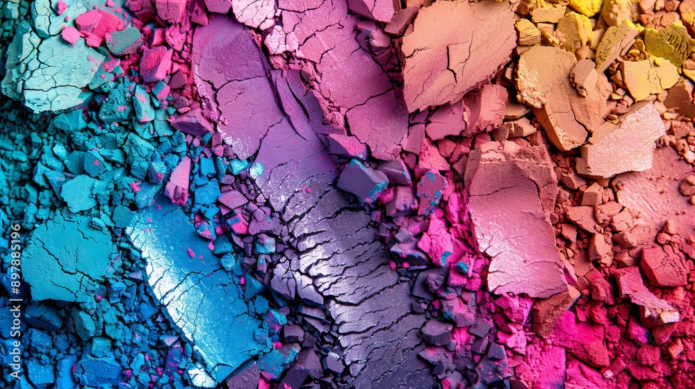 Fototapeta premium Crushed colorful eyeshadow powders, vibrant makeup texture. Beauty and cosmetics concept
