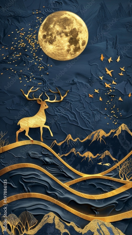 Fototapeta premium Elegant Abstract 3D Modern Art: Deep Blue and Gold Wave Landscape with Mountains, Golden Deer, and Birds. Contemporary Chinese-Inspired Decorative Wallpaper Blending Nature and Luxury in a Mesmerizing