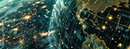 Global economic network. A digital globe interconnected with network lines represents a complex global economic network, Analyze data markets in global economic activity photo