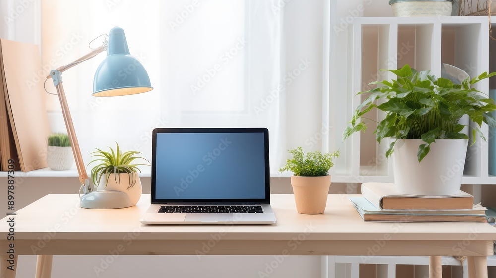 home laptop on desk on white home laptop on desk on white