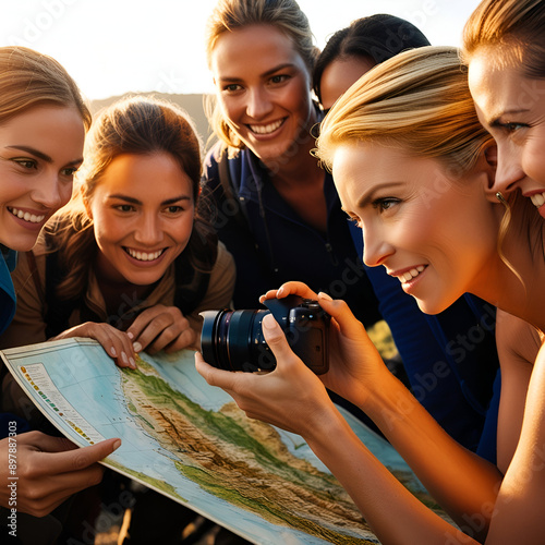group of friends taking photo with digital camera