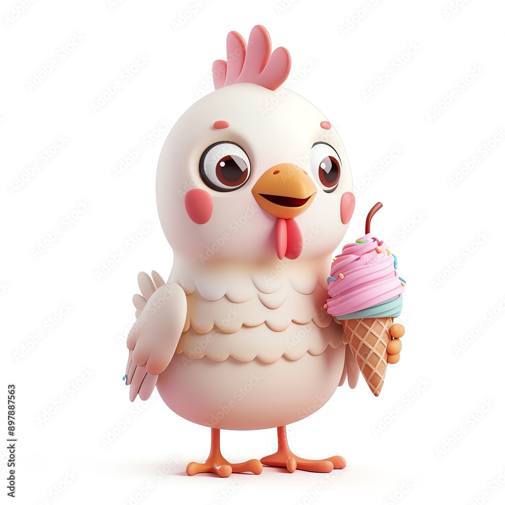 Playful 3D chicken with ice cream illustration, white background, colorful design, animated style, cute features, standing position, detailed Playful 3D chicken with ice cream illustration, white background, colorful design, animated style, cute features, standing position, detailed