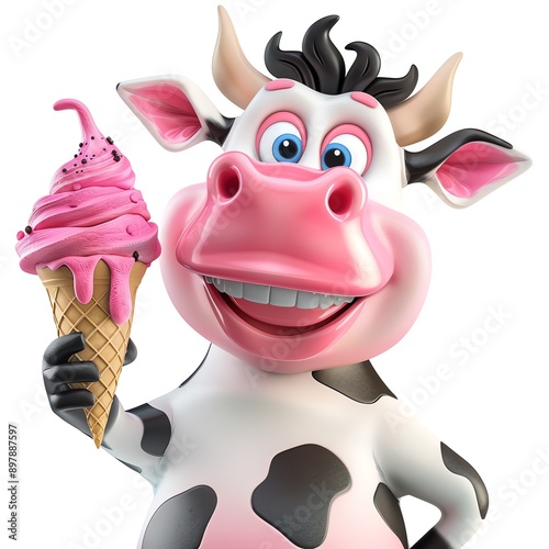 Playful 3D cow holding ice cream clipart, white background, bright hues, animated style, detailed fur, happy face, digital illustration, centered