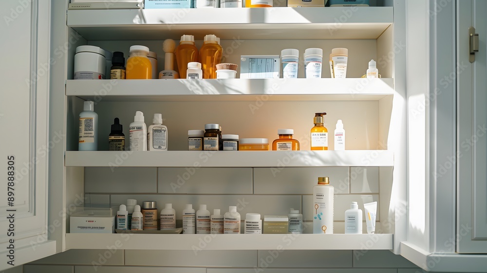 White Cabinet Shelves Filled with Various Bottles and Containers of Skincare Products White Cabinet Shelves Filled with Various Bottles and Containers of Skincare Products