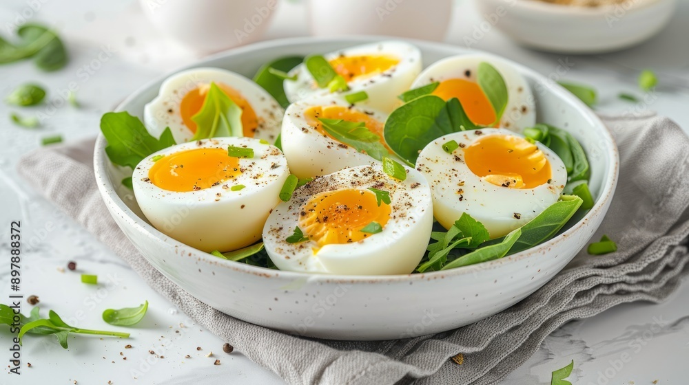 Boiled eggs with spinach and pepper served in a bowl Boiled eggs with spinach and pepper served in a bowl
