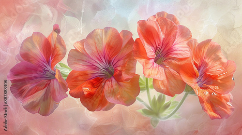  visually of vibrant geraniums, each petal rich with color and dew-kissed