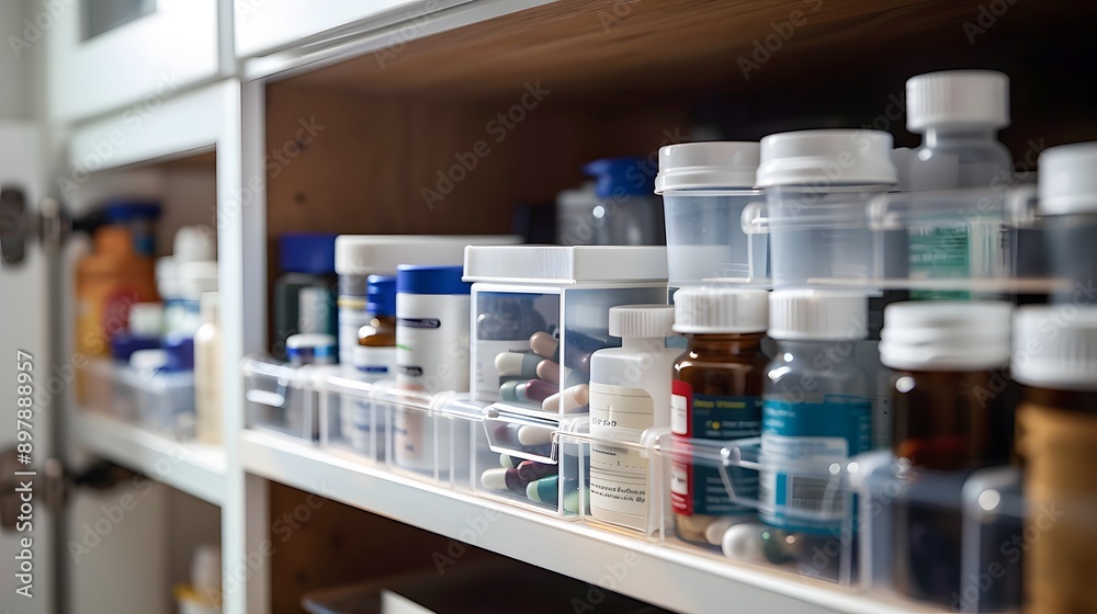 Medicine Cabinet Organization with Various Pills and Bottles Medicine Cabinet Organization with Various Pills and Bottles