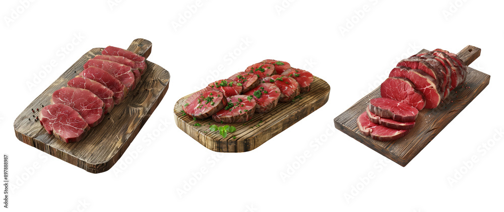 Assorted Cuts Of Fresh Raw Meat On Wooden Boards Isolated On Transparent Background