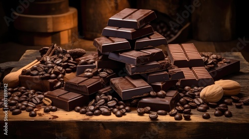 wooden coffee beans and dark chocolate