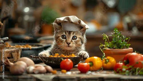  A cat in a chef hat sits at a table with vegetables
