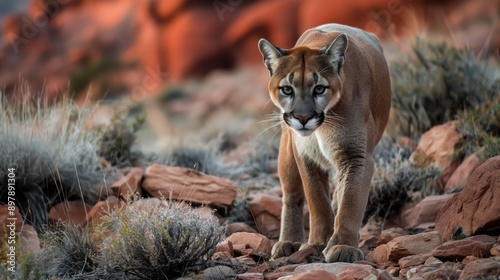 majestic mountain lion prowling through rocky desert terrain, with scattered sagebrush and red rock formations in the background
