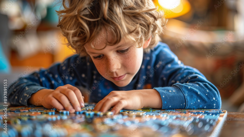 Young boy concentrating on completing a puzzle at home, illustrating childhood focus and cognitive development. Young boy concentrating on completing a puzzle at home, illustrating childhood focus and cognitive development.