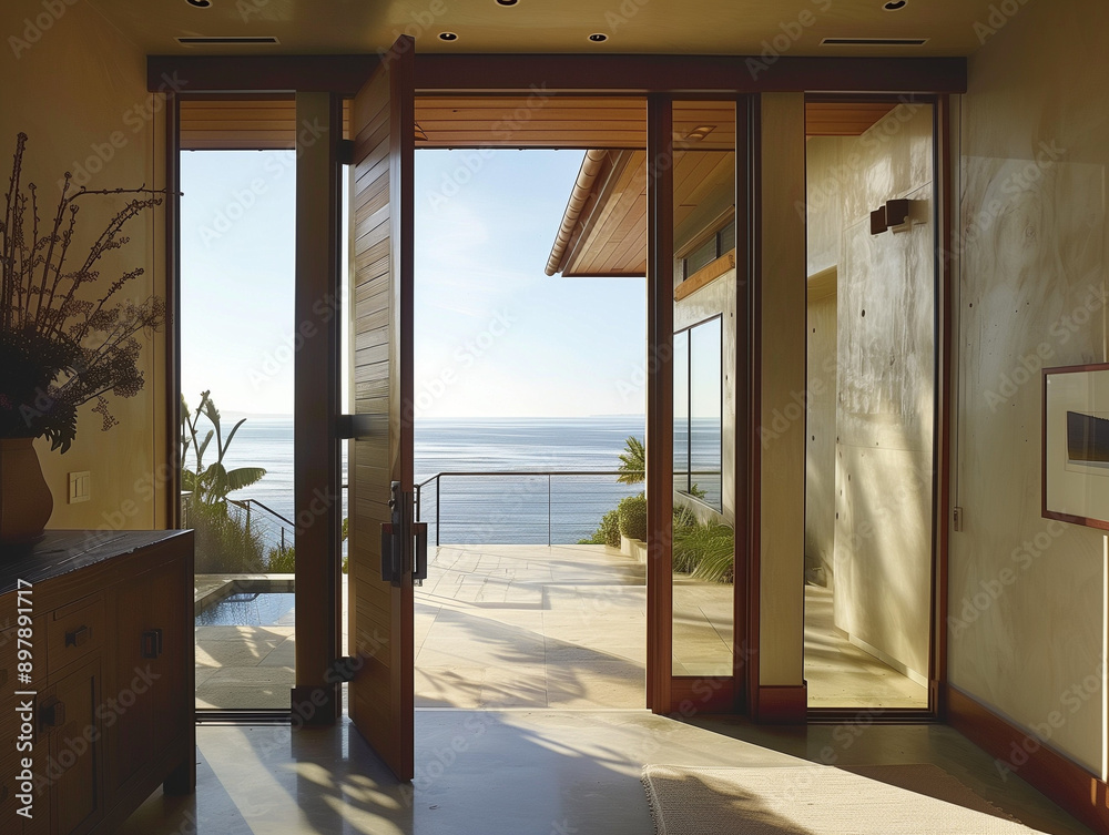 Obraz premium Coastal Serenity: Entering a Balcony via a Pivoting Wood Door
