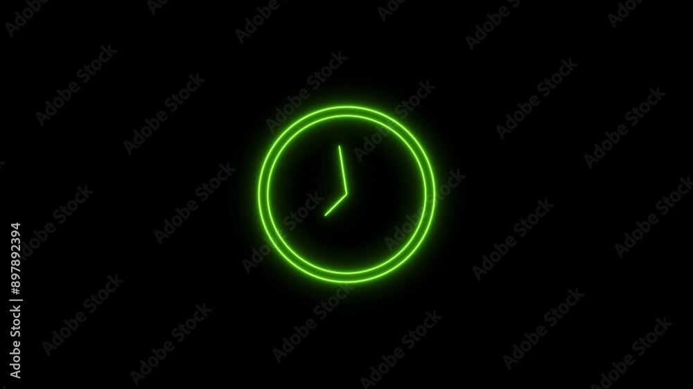 clock icon neon glowing lime green color animation. black background 24 hour fast digital clock. clock icon neon glowing lime green color animation. black background 24 hour fast digital clock.