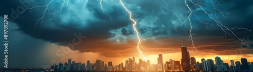 Electric Cityscape: Urban Skyline Aglow with Lightning Strikes under Dark Overcast Sky