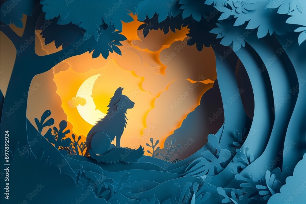 A spooky wall decor featuring a glowing moon, orange lights and a fox in a spooky night sky.