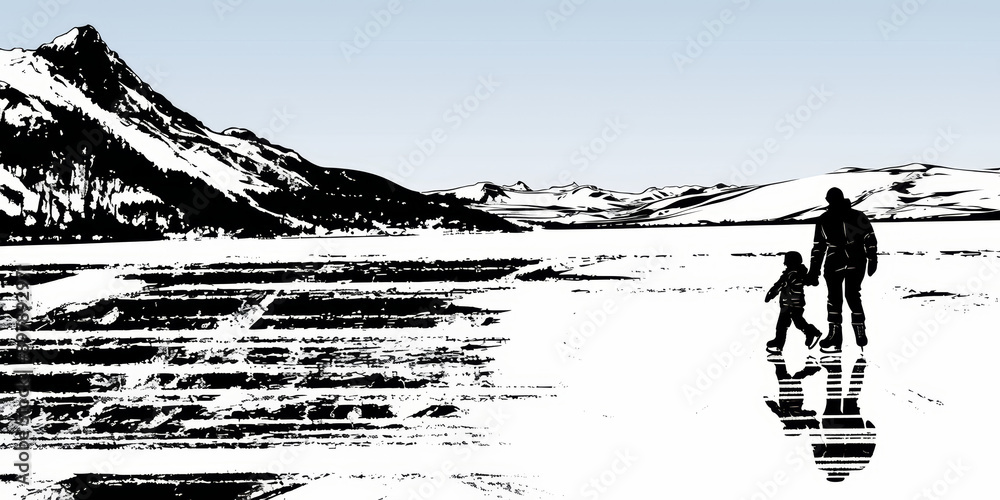 Father and Child Skating on a Frozen Lake with Snowy Mountain Background Father and Child Skating on a Frozen Lake with Snowy Mountain Background