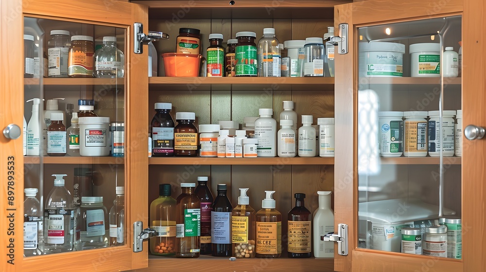 Medicine Cabinet Filled With Bottles and Jars Medicine Cabinet Filled With Bottles and Jars