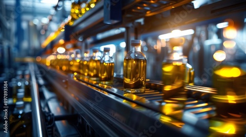 Close-up view of an automated bottling line in a modern facility, with bottles of olive oil moving along a conveyor belt