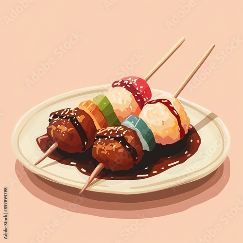 Create a illustration of a a Mitarashi dango (skewered dango with sweet soy sauce glaze),The illustration should capture the vibrant colors and diverse textures of the ingredients typically fou photo