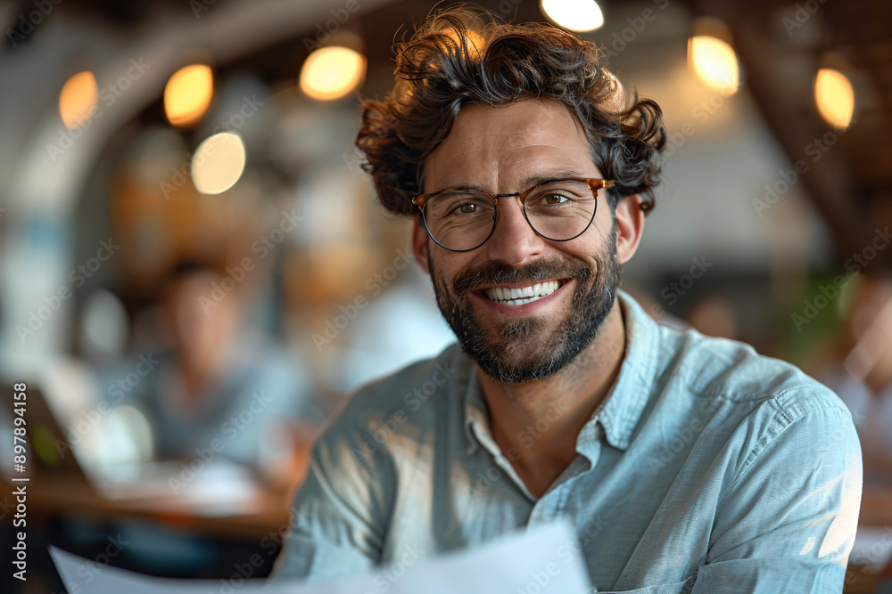 Cheerful Man Reviewing Project in Office Cheerful Man Reviewing Project in Office