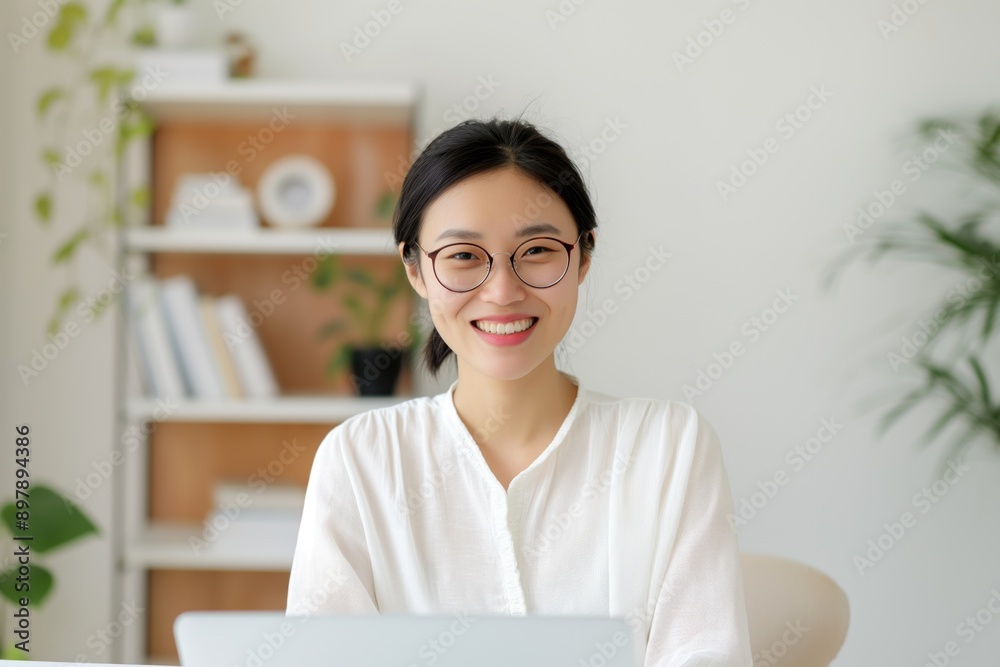 Cheerful Young Asian Woman Working on Laptop at Home Cheerful Young Asian Woman Working on Laptop at Home