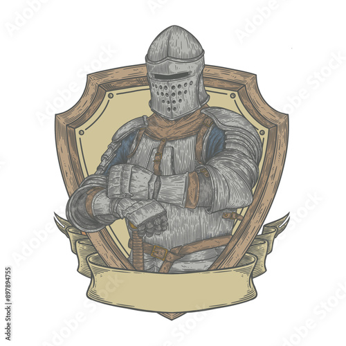 medieval knight in vector vintage hand drawn style