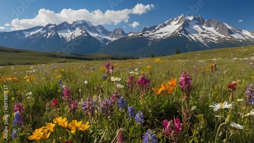 Mountain Wildflowers. Colorful wildflowers in a mountain meadow with snow-capped peaks in the background and a clear blue sky. Experience the vibrant beauty of mountain wildflowers. photo