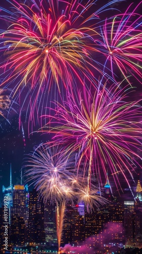 Colorful fireworks display over city skyline at night, festive atmosphere. Celebration and holiday concept © cac_tus