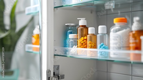 Open Medicine Cabinet with Various Bottles and Pills
